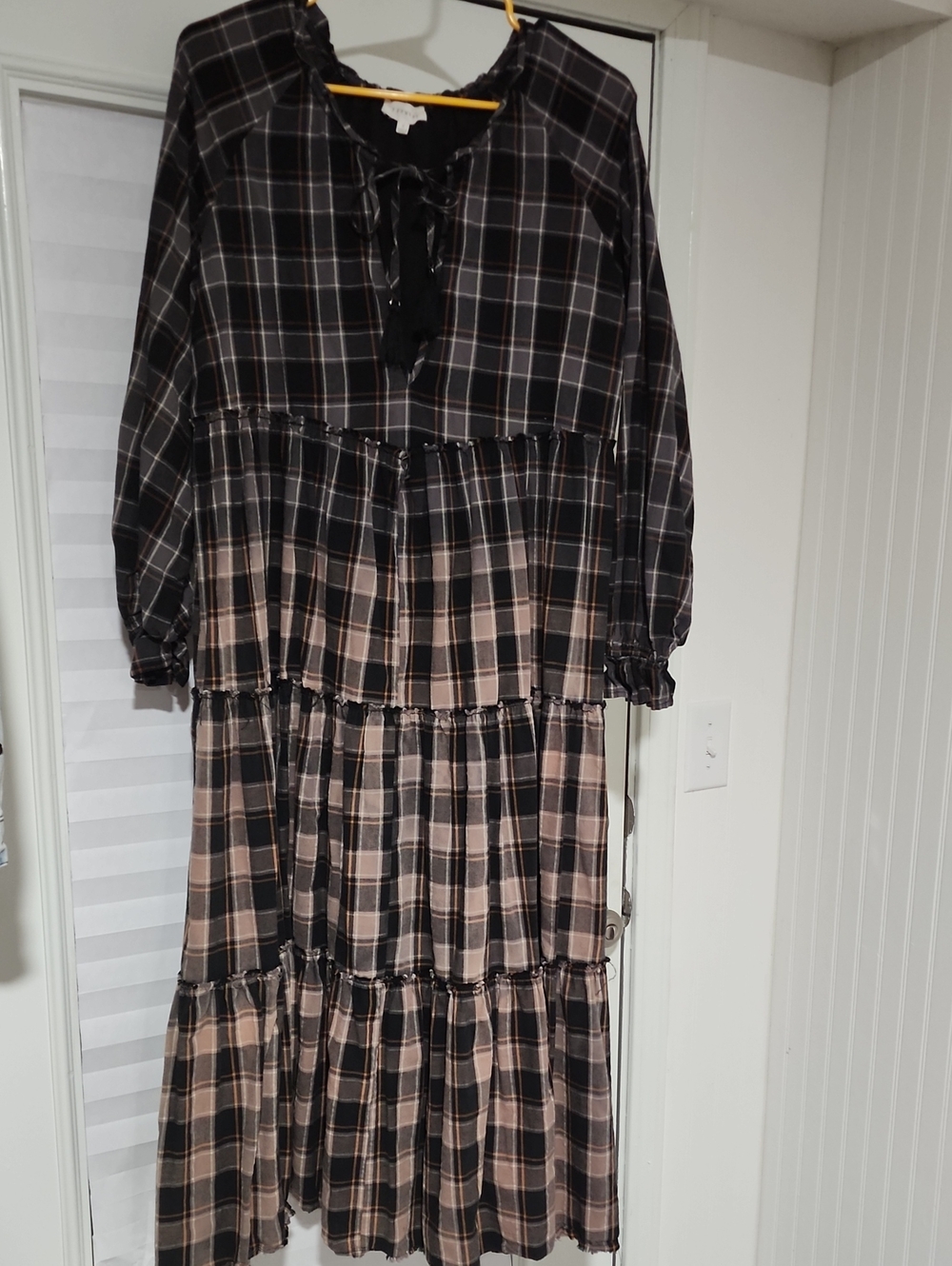 Promesa Black and Cream Plaid Tiered Maxi Dress
